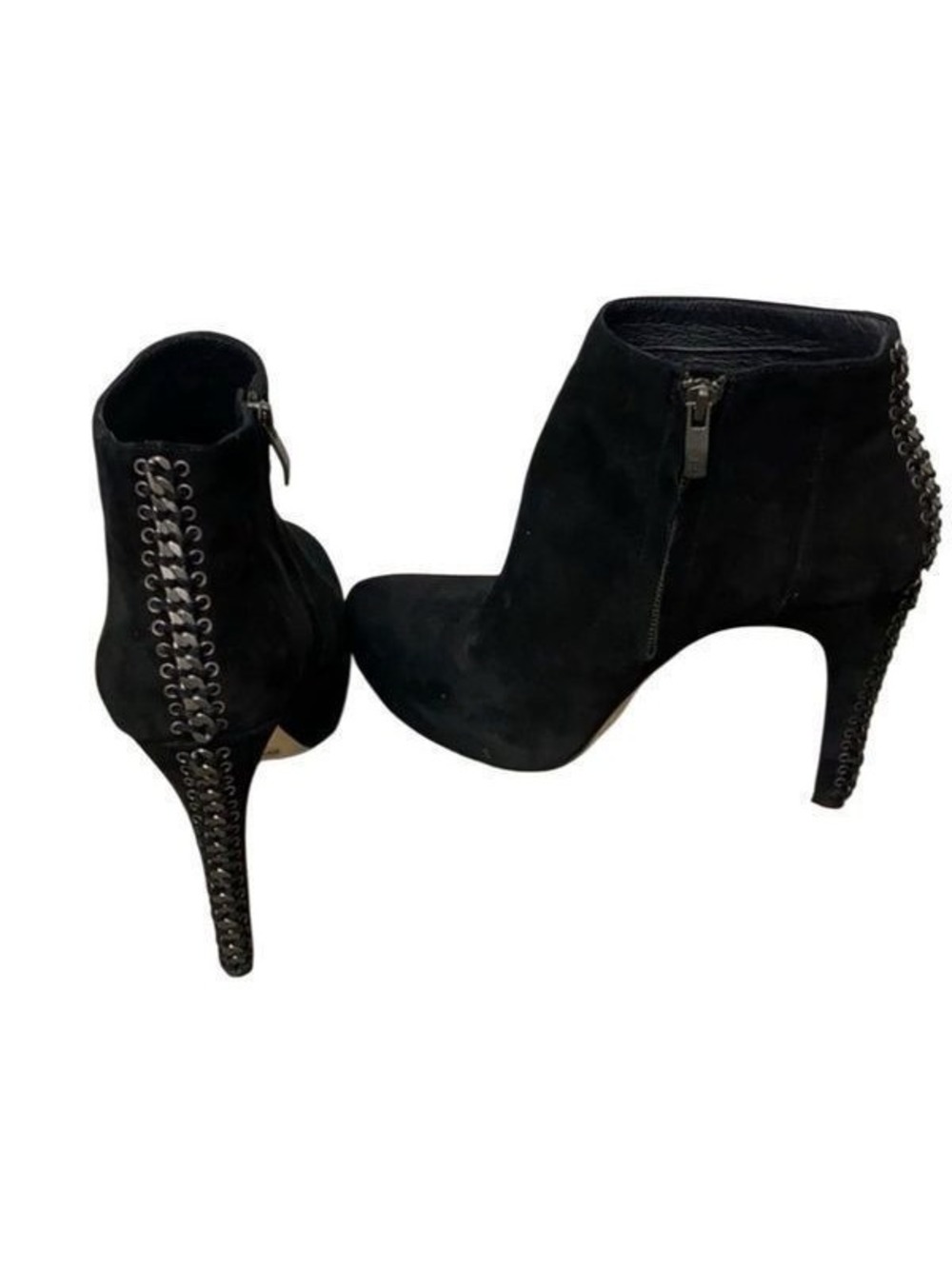 Vince Camuto Sz 9 CANNON Black Suede Booties 5" Heel Genuine Leather Chain Back